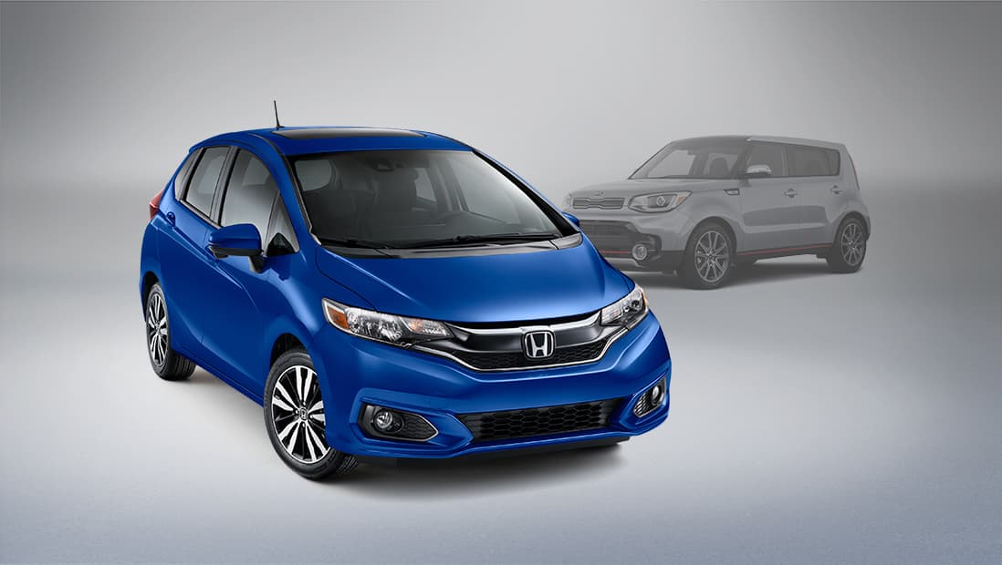 Front passenger-side view of the 2020 Honda Fit in Aegean Blue Metallic.